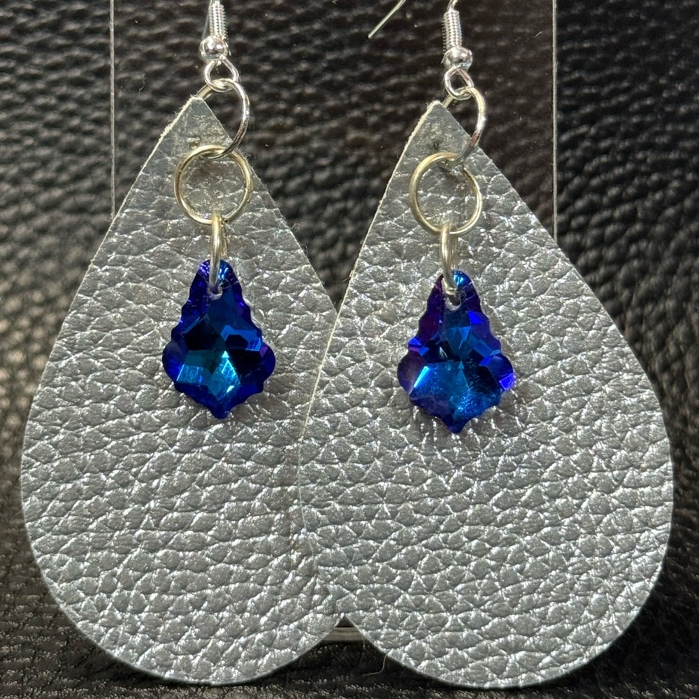 Silver Teardrop Earrings with Blue Crystal Accents